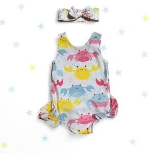 Colorful crab print ruffle swimsuit headband set